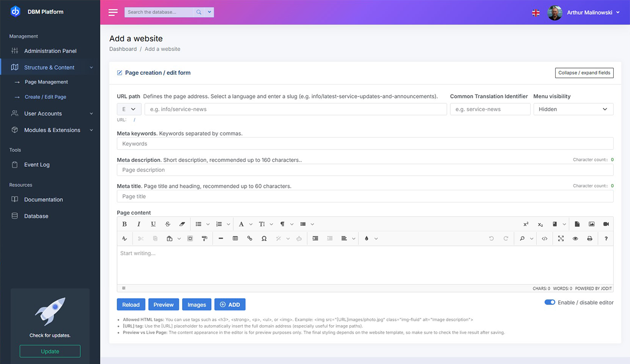 DBM Admin - content management